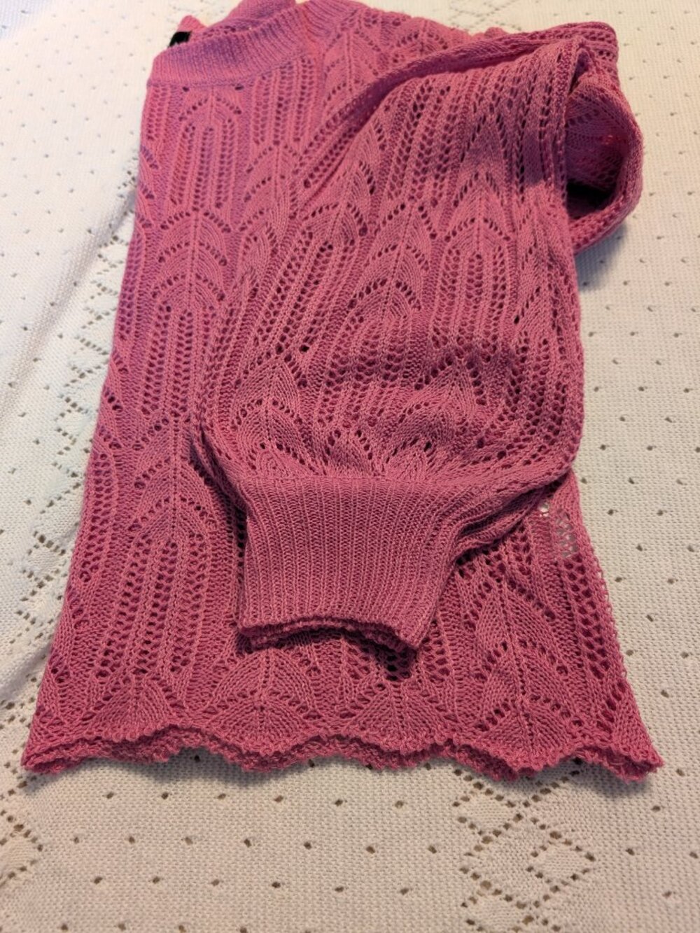 Pink Crochet Long Sleeve Blouse with Puff Sleeves lightweight